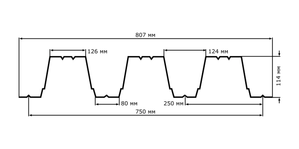 Профнастил оцинкованный НС114 0,8х750 мм 1м